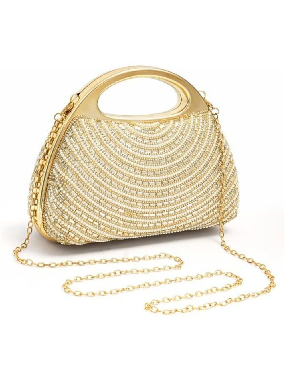 Golden Pearl Rhinestone Bow Flip Clutch for Women - Wedding Prom Cocktail Bag: